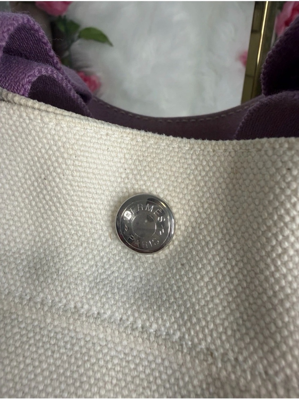 Hermes Fourre Tout PM Tote Bag Cream Purple Canvas Handbag Vintage France w/COA - Picture 9 of 16